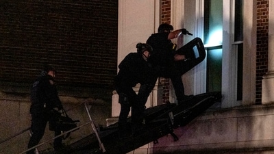 Using a tactical vehicle, New York City police enter an upper floor of Hamilton Hall on the Columbia University campus in New York Tuesday, April 30, 2024, after a building was taken over by protesters earlier Tuesday. (AP) Using a tactical vehicle, New York City police enter an upper floor of Hamilton Hall on the Columbia University campus in New York Tuesday, April 30, 2024, after a building was taken over by protesters earlier Tuesday. (AP)
