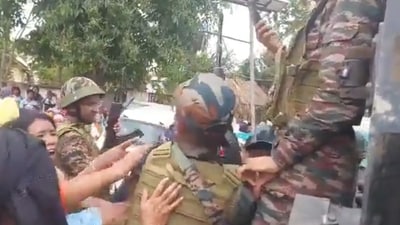 'Meira Paibis' – a civilian group of Meitei women – gathered at the spot in Manipur's Bishnupur district and demanded that the weapons be handed over to them. 'Meira Paibis' – a civilian group of Meitei women – gathered at the spot in Manipur's Bishnupur district and demanded that the weapons be handed over to them.