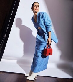 Sanya Malhotra in a blue bralette, midi skirt and blazer (Photo: Instagram) Sanya Malhotra in a blue bralette, midi skirt and blazer (Photo: Instagram)