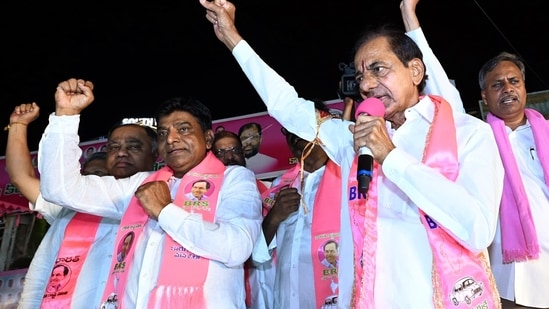 Bharat Rashtra Samithi (BRS) chief K Chandrashekar Rao addresses the people during his Bus Yatra as part of the election campaign, in Khammam on Monday. (ANI photo)