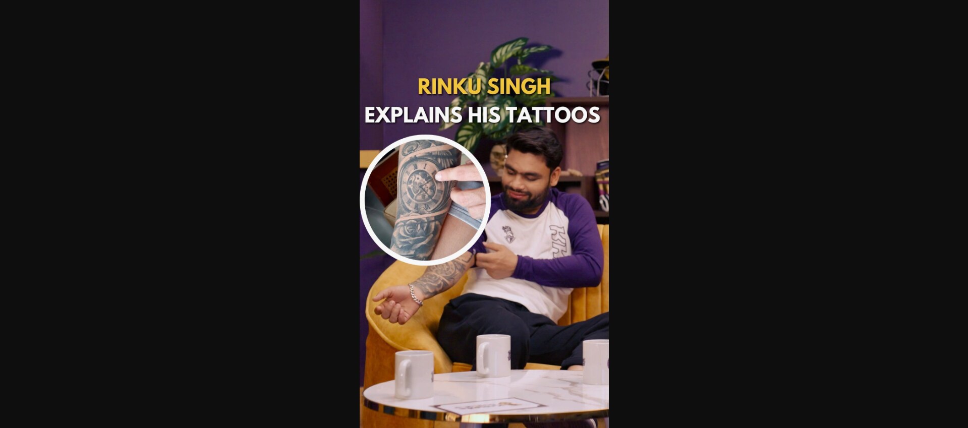 The image, taken from a video shared by KKR, shows Rinku Singh pointing at his tattoos. (Instagram/@kkriders)