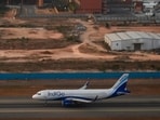 An Indigo aircraft prepares to take off at Kempegowda International Airport in Bengaluru on April 12 (AFP FILE)
