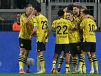 Dortmund's German forward #14 Niclas Fullkrug (2nd R) celebrates scoring the opening goal during UEFA Champions League semi-final first leg football match between Borussia Dortmund and Paris Saint-Germain Dortmund's German forward #14 Niclas Fullkrug (2nd R) celebrates scoring the opening goal during UEFA Champions League semi-final first leg football match between Borussia Dortmund and Paris Saint-Germain