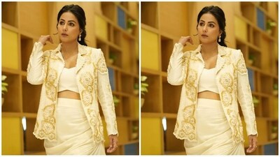 With the help of makeup artist Sachin Salvi, Hina got decked up in nude eyeshadow, smudged eyeliner, mascara-coated lashes, darkened brows, contoured cheekbones, blushed cheeks, and a shade of nude lipstick. (Instagram/@realhinakhan) With the help of makeup artist Sachin Salvi, Hina got decked up in nude eyeshadow, smudged eyeliner, mascara-coated lashes, darkened brows, contoured cheekbones, blushed cheeks, and a shade of nude lipstick. (Instagram/@realhinakhan)