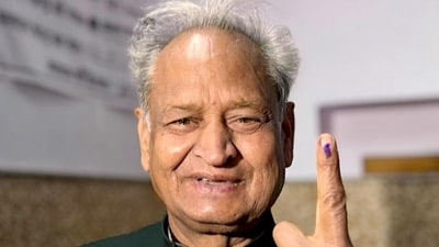 Former Rajasthan chief minister Ashok Gehlot shows his ink-marked finger after casting a vote at a polling station during the second phase of the Lok Sabha Polls, in Jodhpur. (ANI) Former Rajasthan chief minister Ashok Gehlot shows his ink-marked finger after casting a vote at a polling station during the second phase of the Lok Sabha Polls, in Jodhpur. (ANI)