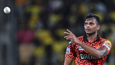 Natarajan ended a 134-run stand between Riyan Parag and Yashasvi Jaiswal by blasting away the latter's stump in a moment that was a turning point in RR's chase of 202. (AFP)