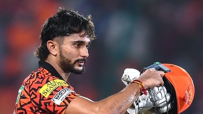 Sunrisers Hyderabad's Nitish Kumar Reddy notched up his career-best score of 76 off 42 balls as the hosts posted 201-3 in 20 overs.&nbsp; (AFP)