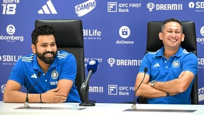Indian cricket captain Rohit Sharma (L) and selection committee chairman Ajit Agarkar address the T20 World Cup 2024 press conference. (AFP) Indian cricket captain Rohit Sharma (L) and selection committee chairman Ajit Agarkar address the T20 World Cup 2024 press conference. (AFP)
