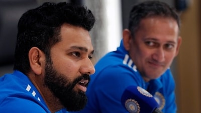 Rohit Sharma (L) and Ajit Agarkar answered a plethora of questions in regard to India's T20 World Cup squad (AP)