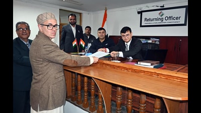 Jammu and Kashmir National Conference (JKNC) vice president and party candidate from Baramulla Lok Sabha Seat Omar Abdullah files his nomination papers on Thursday. (ANI) Jammu and Kashmir National Conference (JKNC) vice president and party candidate from Baramulla Lok Sabha Seat Omar Abdullah files his nomination papers on Thursday. (ANI)