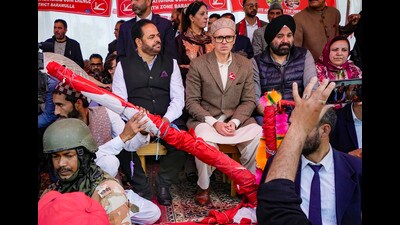 National Conference Vice President Omar Abdullah with the state Congress president Vikar Rasool Wani and others during a nomination submission rally for the Lok sabha elections, in Baramulla district, on Thursday. (PTI) National Conference Vice President Omar Abdullah with the state Congress president Vikar Rasool Wani and others during a nomination submission rally for the Lok sabha elections, in Baramulla district, on Thursday. (PTI)