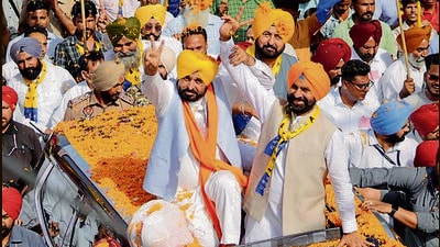 Punjab CM Bhagwant Mann with AAP’s Fatehgarh Sahib nominee Gurpreet Singh GP during a roadshow on Friday. (Photo:X) Punjab CM Bhagwant Mann with AAP’s Fatehgarh Sahib nominee Gurpreet Singh GP during a roadshow on Friday. (Photo:X)
