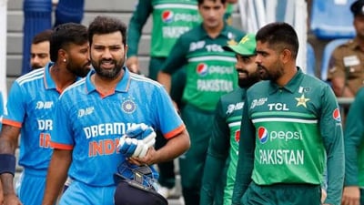 India captain Rohit Sharma (L) and Pakistan captain Babar Azam during the 2023 Asia Cup India captain Rohit Sharma (L) and Pakistan captain Babar Azam during the 2023 Asia Cup
