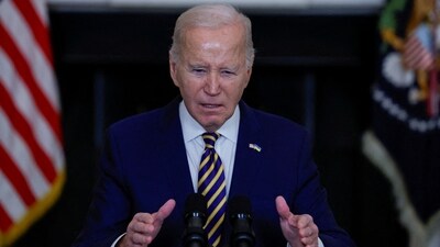 US President Joe Biden delivers remarks in the State Dining Room at the White House in Washington, US. (Reuters)