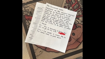 Job application that a man dropped at a New York-based startup's office with a pizza. (X/@mprkhrst) Job application that a man dropped at a New York-based startup's office with a pizza. (X/@mprkhrst)