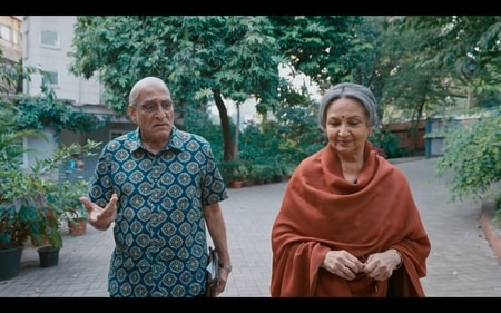 A scene from the film Outhouse featuring ace actors Dr Mohan Agashe and Sharmila Tagore.