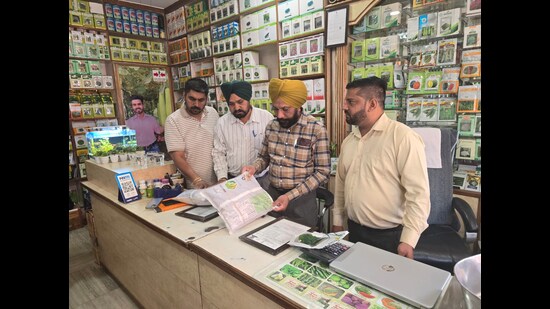 Agriculture Department officials on Thursday conducted an inspection at a private seed centre in Patiala. (HT File)