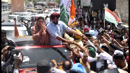 Amarinder Singh Raja Warring, Congress’ Lok Sabha candidate from Ludhiana during a roadshow in Ludhiana on Thursday. (Gurpreet Singh/HT)