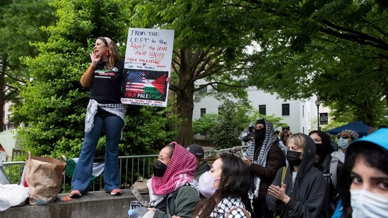 Pro-Palestinian protesters camp out in tents at Columbia University on Saturday, April 27, 2024 in New York. (AP Photo) (AP)