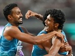 Indian men's 4x400m relay team, consisting of Muhammed Anas Yahiya, Amoj Jacob, Muhammad Ajmal Variyathodi, and Rajesh Ramesh celebrate after shattering the Asian record. Indian men's 4x400m relay team, consisting of Muhammed Anas Yahiya, Amoj Jacob, Muhammad Ajmal Variyathodi, and Rajesh Ramesh celebrate after shattering the Asian record.