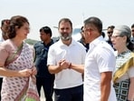 Congress candidate from Raebareli seat Rahul Gandhi with his mother and Congress Parliamentary Party (CPP) Chairperson Sonia Gandhi and sister and party General Secretary Priyanka Gandhi Vadra reaches Fursatganj Airport to leave for Raebareli to file his nomination papers for the Lok Sabha elections, in Amethi on Friday. Priyanka Gandhi's husband Robert Vadra is also seen.