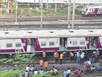 Mumbai, India – May 01, 2024: A Mumbai local train derailed at Harbour Line railway which was coming towards CSMT Railway station on platform no 2, in Mumbai, India, on Wednesday, May 01, 2024. (Photo by Bhushan Koyande/HT Photo)