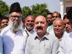 Congress candidate from Amethi constituency Kishori Lal Sharma with others at the party office at Gauriganj, in Amethi district. (PTI) Congress candidate from Amethi constituency Kishori Lal Sharma with others at the party office at Gauriganj, in Amethi district. (PTI)