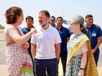 Rae Bareli: Congress leaders Rahul Gandhi, Sonia Gandhi and Priyanka Gandhi. (PTI)