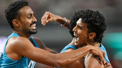 Indian men's 4x400m relay team, consisting of Muhammed Anas Yahiya, Amoj Jacob, Muhammad Ajmal Variyathodi, and Rajesh Ramesh celebrate after shattering the Asian record. (SAI Media Twitter)