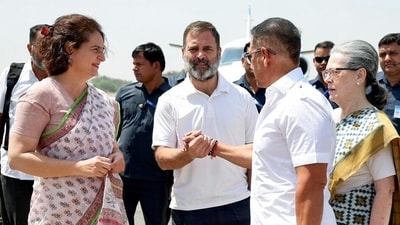 Congress candidate from Raebareli seat Rahul Gandhi with his mother and Congress Parliamentary Party (CPP) Chairperson Sonia Gandhi and sister and party General Secretary Priyanka Gandhi Vadra reaches Fursatganj Airport to leave for Raebareli to file his nomination papers for the Lok Sabha elections, in Amethi on Friday. Priyanka Gandhi's husband Robert Vadra is also seen. (AICC) Congress candidate from Raebareli seat Rahul Gandhi with his mother and Congress Parliamentary Party (CPP) Chairperson Sonia Gandhi and sister and party General Secretary Priyanka Gandhi Vadra reaches Fursatganj Airport to leave for Raebareli to file his nomination papers for the Lok Sabha elections, in Amethi on Friday. Priyanka Gandhi's husband Robert Vadra is also seen. (AICC)