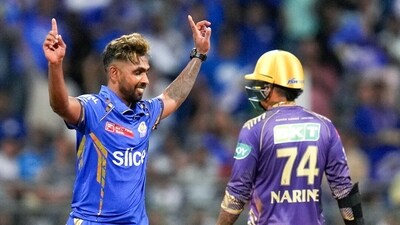 MI won the toss and chose to bowl first. Nuwan Thushara got the breakthrough by removing Philip Salt (5) in the first over with Tilak Varma taking a stunning catch. MI dominated the powerplay, with Thushara taking two more wickets in his next two overs and captain Hardik Pandya dismissing the dangerous Sunil Narine in the fifth. Rinku Singh then fell off the first ball of the seventh over bowled by Piyush Chawla. Despite this dominance, though, MI chose to give Jasprit Bumrah just one over throughout the first 10. (IPL) MI won the toss and chose to bowl first. Nuwan Thushara got the breakthrough by removing Philip Salt (5) in the first over with Tilak Varma taking a stunning catch. MI dominated the powerplay, with Thushara taking two more wickets in his next two overs and captain Hardik Pandya dismissing the dangerous Sunil Narine in the fifth. Rinku Singh then fell off the first ball of the seventh over bowled by Piyush Chawla. Despite this dominance, though, MI chose to give Jasprit Bumrah just one over throughout the first 10. (IPL)