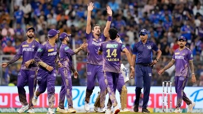 Kolkata Knight Riders' players celebrate a wicket during the match against Mumbai Indians in the Indian Premier League 2024, at Wankhede Stadium, in Mumbai on Friday (IPL) Kolkata Knight Riders' players celebrate a wicket during the match against Mumbai Indians in the Indian Premier League 2024, at Wankhede Stadium, in Mumbai on Friday (IPL)
