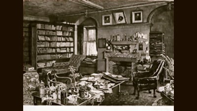 An etching of Darwin’s study at Down House in Downe, England, commissioned shortly after his death. (Darwin Online) An etching of Darwin’s study at Down House in Downe, England, commissioned shortly after his death. (Darwin Online)