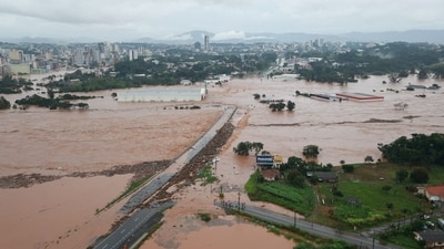 A drone view shows an area affected by the floods in Lajeado, Rio Grande do Sul state, Brazil. (via REUTERS)