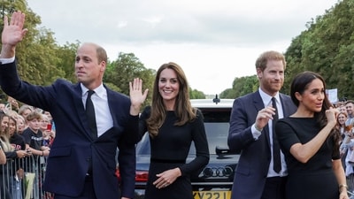 Prince Harry and Meghan Markle during an appearance outside Windsor Castle with Prince William and Kate Middleton in 2022. (File Photo/AFP) Prince Harry and Meghan Markle during an appearance outside Windsor Castle with Prince William and Kate Middleton in 2022. (File Photo/AFP)