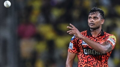 Sunrisers Hyderabad's T Natarajan collects a throw during the Indian Premier League (IPL) Twenty20 cricket match between Chennai Super Kings and Sunrisers Hyderabad at the MA Chidambaram Stadium (AFP)