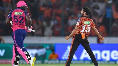 Sunrisers Hyderabad's Bhuvneshwar Kumar celebrates after taking the wicket of Rajasthan Royals' Rovman Powell. (AFP) Sunrisers Hyderabad's Bhuvneshwar Kumar celebrates after taking the wicket of Rajasthan Royals' Rovman Powell. (AFP)