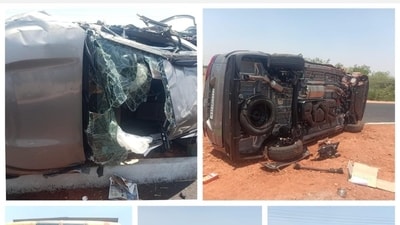 Rao took to social media site X on Thursday night to recount the incident, and shared pictures of his mangled up SUV. (Bhaskar Rao/X) Rao took to social media site X on Thursday night to recount the incident, and shared pictures of his mangled up SUV. (Bhaskar Rao/X)