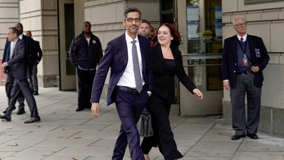 Google CEO Sundar Pichai leaves the federal courthouse in Washington. The largest US antitrust trial since regulators went after Microsoft a quarter century ago is set to resume with government and Google making closing arguments in a case that has targeted the Big Tech company's ubiquitous search engine. (AP)
