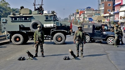 FILE PHOTO: Soldiers block a road leading to the Kangla Fort, the venue of a meeting between the state lawmakers and members of Arambai Tenggol, a Meitei group, in Imphal, Manipur, India, January 24, 2024. REUTERS/Stringer/File Photo (REUTERS)