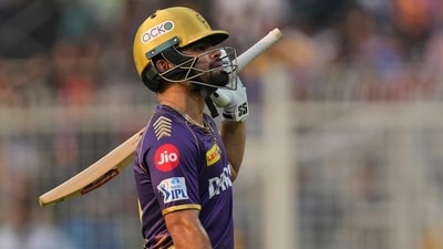 Kolkata Knight Riders' Rinku Singh reacts as he walks off the field after losing his wicket during the Indian Premier League cricket match (AP) Kolkata Knight Riders' Rinku Singh reacts as he walks off the field after losing his wicket during the Indian Premier League cricket match (AP)