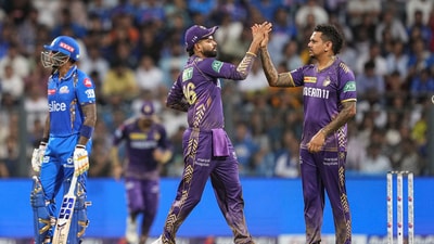 KKR did the opposite of what MI did. Instead of keeping their most potent bowlers out of the attack when the opposition was losing wickets, Shreyas Iyer kept giving the ball to Sunil Narine and Varun Chakravarthy. (PTI) KKR did the opposite of what MI did. Instead of keeping their most potent bowlers out of the attack when the opposition was losing wickets, Shreyas Iyer kept giving the ball to Sunil Narine and Varun Chakravarthy. (PTI)