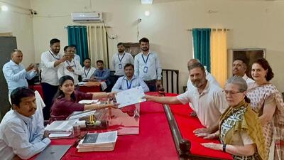 Rahul Gandhi was accompanied by Congress leaders Mallikarjun Kharge, Sonia Gandhi and Priyanka Gandhi Vadra as he filed his papers around 2 pm.