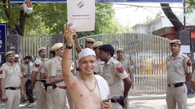Transgender candidate Rajan Singh, running independently for the South Delhi Lok Sabha seat, arrives to file nomination for Lok Sabha Elections, in New Delhi, India, on Friday (Hindustan Times)