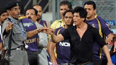 Bollywood actor and IPL franchise Kolkata Knight Riders co-owner Shah Rukh Khan brushes aside a security guard blowing a whistle to direct children accompanying him off the playing field at The Wankhede Stadium in Mumbai. (AFP) Bollywood actor and IPL franchise Kolkata Knight Riders co-owner Shah Rukh Khan brushes aside a security guard blowing a whistle to direct children accompanying him off the playing field at The Wankhede Stadium in Mumbai. (AFP)