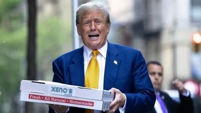 Trump delivered pizza to a firehouse after a court appearance in his hush money trial, which started with a hearing where prosecutors argued that Judge Juan Merchan should find Trump in criminal contempt again for violating a gag order. (Michael M. Santiago/Getty Images)) Trump delivered pizza to a firehouse after a court appearance in his hush money trial, which started with a hearing where prosecutors argued that Judge Juan Merchan should find Trump in criminal contempt again for violating a gag order. (Michael M. Santiago/Getty Images))