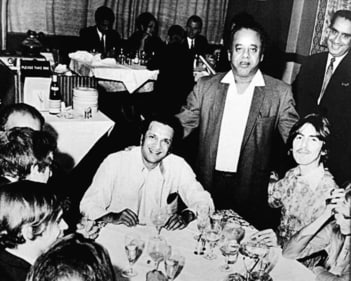 (L-R) Musicians Pandit Ravi Shankar, Ustad Alla Rakha Khan and George Harrison at Gaylord (Gaylord)