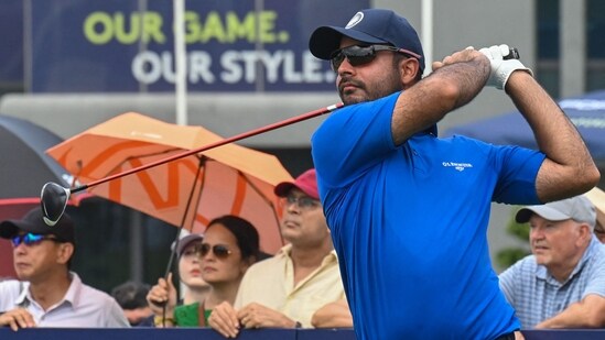Shubhankar Sharma of India tees off (AFP)