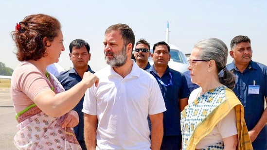 Rae Bareli: Congress leaders Rahul Gandhi, Sonia Gandhi and Priyanka Gandhi. (PTI)
