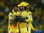 Chennai Super Kings' Matheesha Pathirana, left, celebrates a dismissal with MS Dhoni in IPL 2024 Chennai Super Kings' Matheesha Pathirana, left, celebrates a dismissal with MS Dhoni in IPL 2024